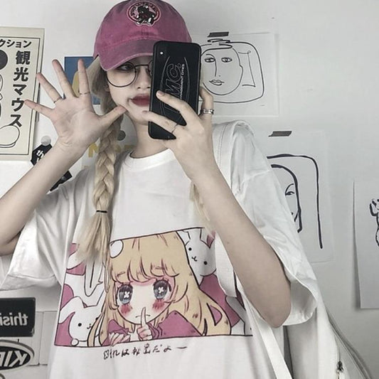 Playera Suelta Estilo Retro Coreano con Estampado Infantil - Manga Corta Blanca - Image 2