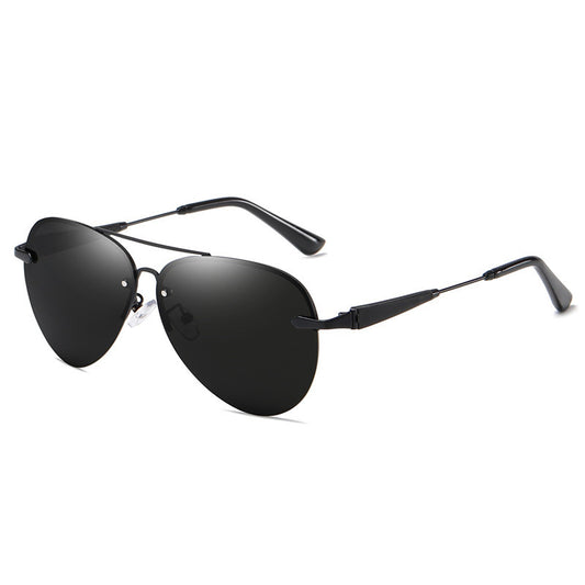 Classic rimless aviator sunglasses with black metal frames and dark black-gray polarized lenses on a white background. - Image 2