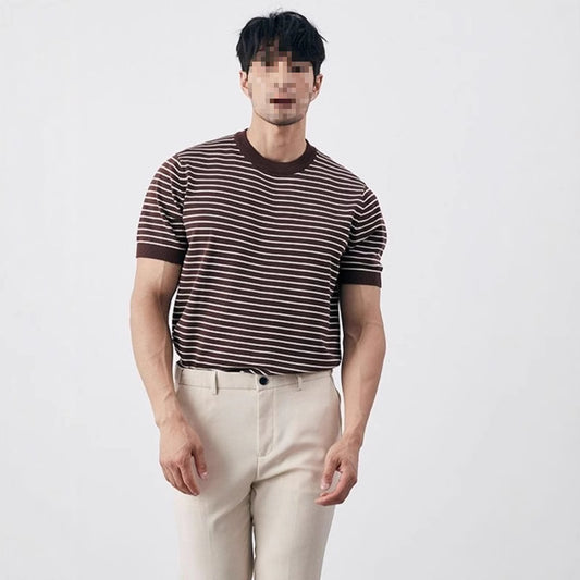 Camiseta Tejida de Cuello Redondo con Rayas para Hombre - Image 2
