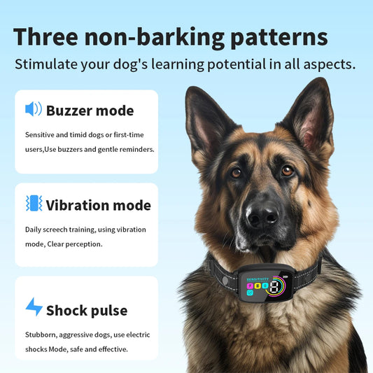 Smart automatic anti-barking dog collar with digital display, portable pet water bottle with food compartment, and a rectangular pet bed. - Image 2