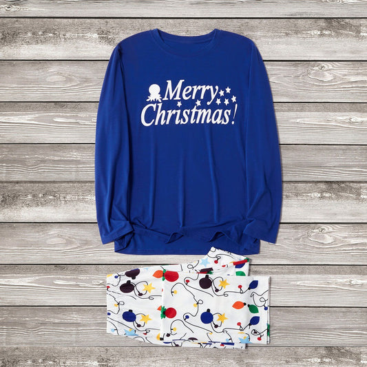 Blue long-sleeve pajama top with "Merry Christmas!" text and white bottoms with colorful Christmas lights pattern. - Image 2