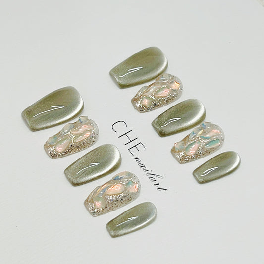 Calcomanías de Uñas Ojo de Gato Verde Armadura Hecha a Mano - Image 2