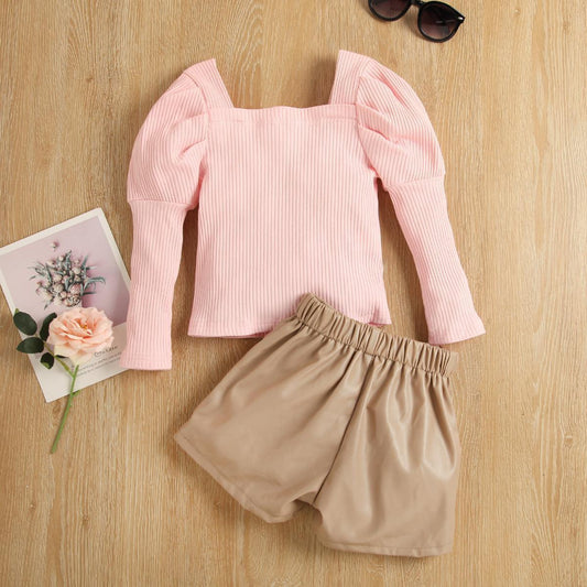 Conjunto Infantil: Top de Manga Larga con Rayas y Pantalones de Cuero Café Claro - Image 2