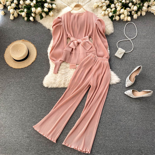 Conjunto Elegante: Blusa de Gasa con Mangas Abullonadas y Pantalón Ancho - Image 2