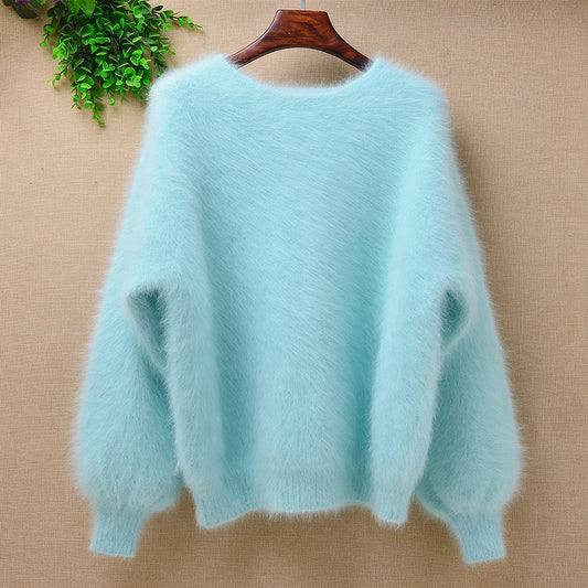 Suéter Holgado de Terciopelo Mink con Cuello Redondo y Mangas Linterna para Mujer - Image 2
