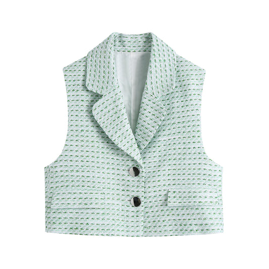 Conjunto de 3 Piezas: Blazer Cuadrille, Tank Top Abotonado y Falda Plisada Mini - Image 2