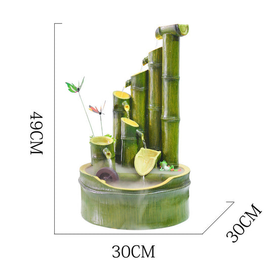 Green bamboo-themed indoor water fountain with multiple tiers, a water wheel, and small frog and butterfly accents. - Image 2
