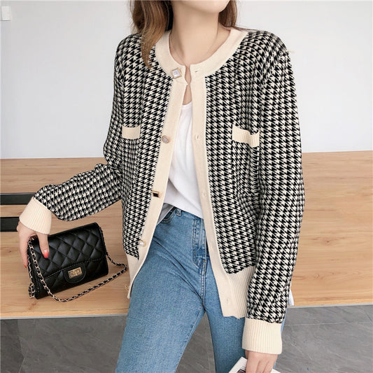 Cardigan Houndstooth Coreano Suelto Cuello Redondo Aroma Delicado - Image 2