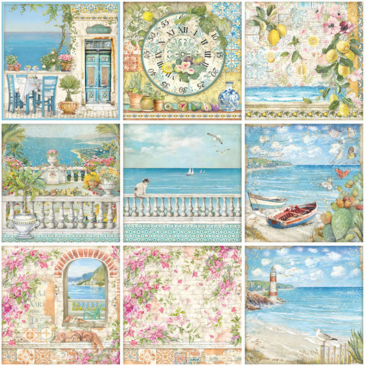 Set of nine vintage-style square stickers featuring Mediterranean and coastal illustrations like seashells, a lighthouse, lemons, and colorful buildings. - Image 2