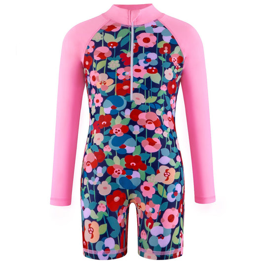 Children's long-sleeve swimsuit with a colorful floral print body and solid pink raglan sleeves, featuring a front zipper. - Image 2