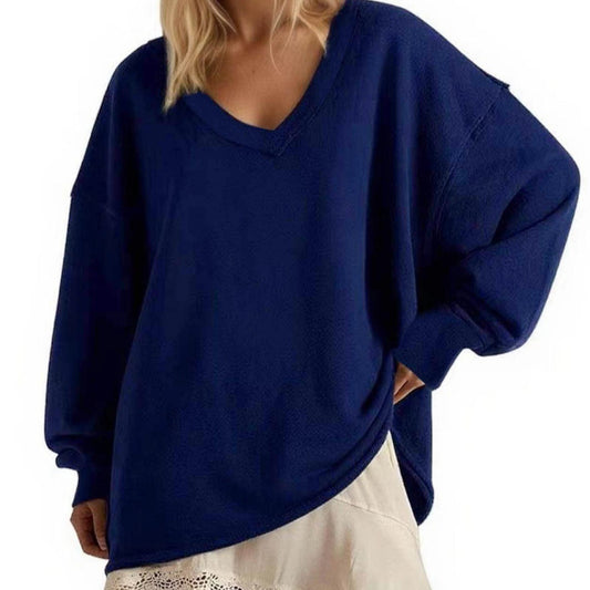 Blusa Suelta de Cuello V y Manga Larga en Colores Lisos para Mujer - Image 2