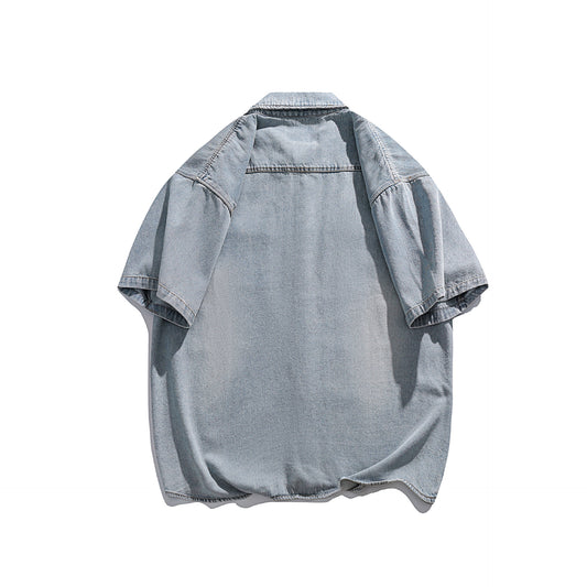 Camisa Denim Retro Estilo Japonés Manga Corta para Hombre - Image 2