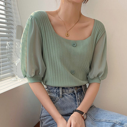 Blusa Tejida con Cuello Cuadrado y Mangas Combinadas - Image 2