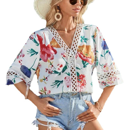 Blusa Elegante Suelta con Escote en V y Mangas Acampanadas de Encaje - Image 2