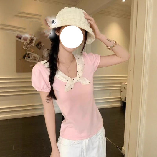 Blusa Coreana Lunares con Moño Ajustada Manga Corta Reductora - Image 2