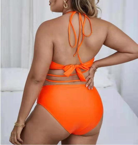 Plus size orange bikini set with a strapless halter top and high-waisted bottoms with multiple waist straps. - Image 2