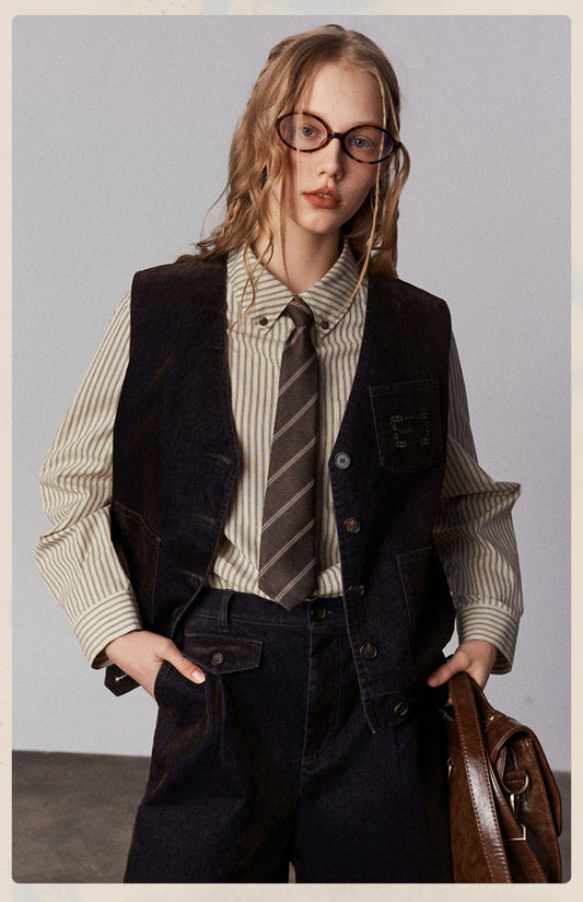 Camisa Clásica Retro Americana con Cuello Solapa y Rayas Bordadas para Mujer - Image 2
