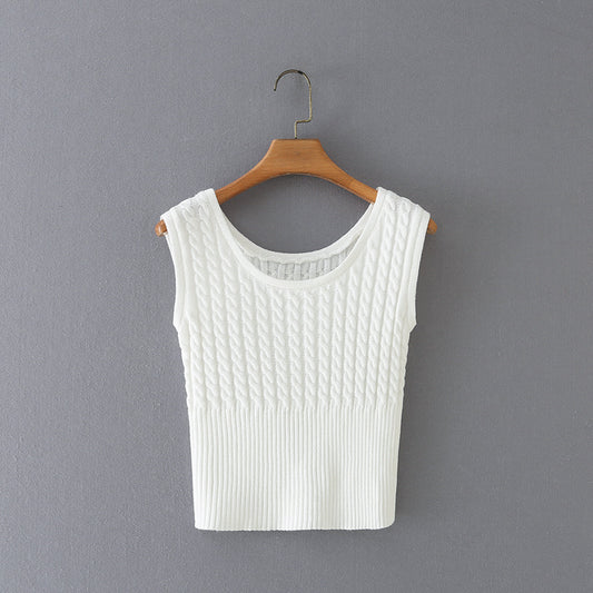 Chaleco Tejido Retro Cuello Redondo Cintura Anudada sin Mangas - Image 2