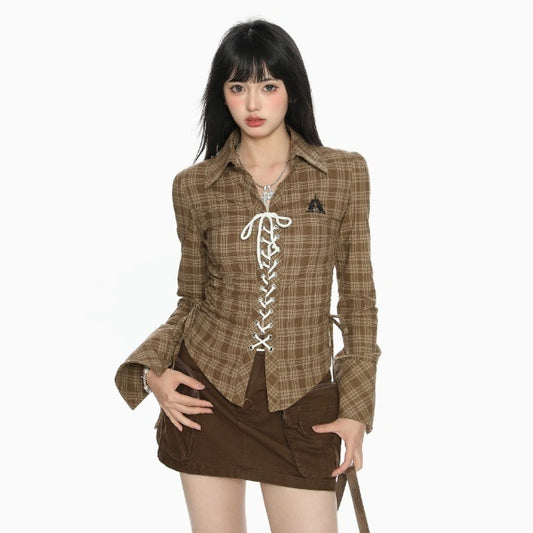 Camisa Cuadriculada con Cordones y Encaje para Mujer - Image 2