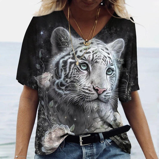Blusa Casual con Estampado Animal Cuello V Manga Corta Personalizable - Image 2