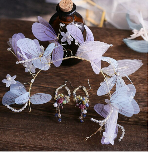 Tiara Floral Novia con Alas Hada y Aretes - Juego Completo de Accesorios - Image 2