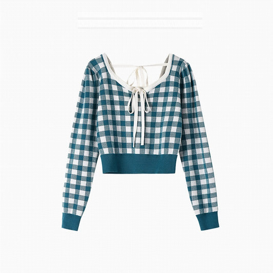 Blusa Tejida de Manga Larga a Cuadros con Moño Elegante - Image 2
