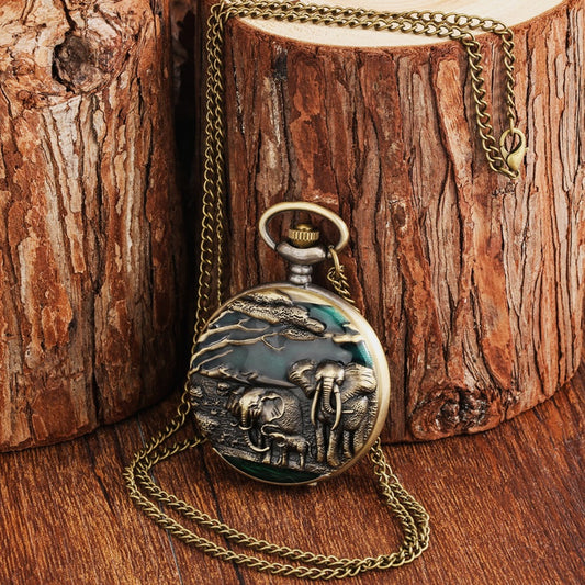 Reloj de Bolsillo Retro Abatible con Patrón de Elefante y Movimiento de Cuarzo - Image 2