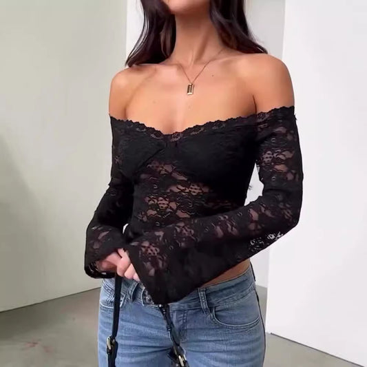 Blusa de Encaje Elegante Hombros Descubiertos Manga Larga - Image 2