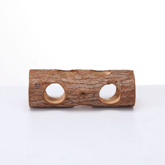 Natural solid wood pipe with bark texture and multiple holes, serving as a chew toy or hideout for small pets. - Image 2