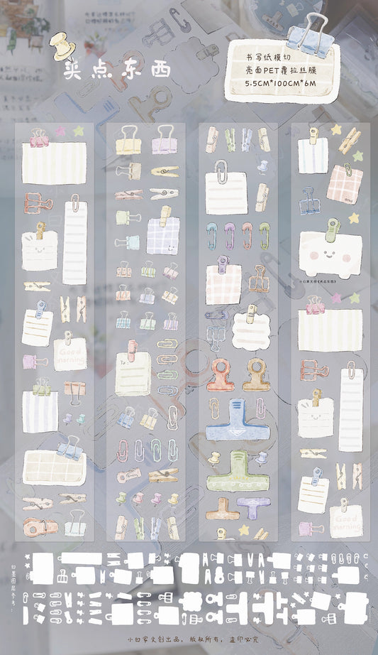 Die-cut PET tape stickers featuring pastel hand-drawn stationery like binder clips, paper clips, notepads, and clothespins. - Image 2