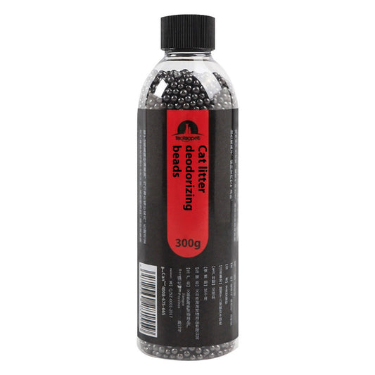 Clear plastic bottle of black cat litter deodorizing beads with a black and red label, 300g. - Image 2