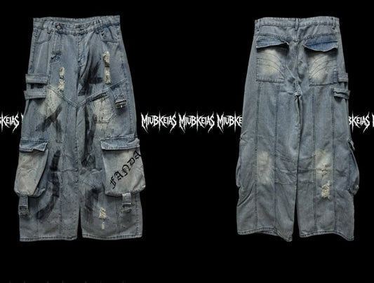 Pantalón Vaquero Ancho Rotos con Bolsillos Múltiples Estilo Urbano Graffiti - Image 2