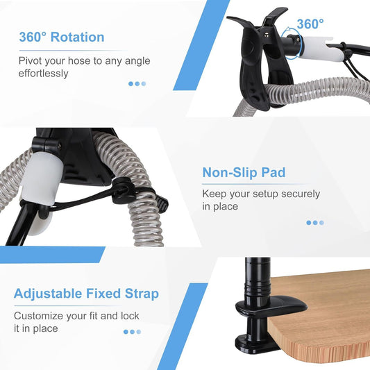 White flexible gooseneck ventilator hose bracket with a device clamp and a C-clamp base. - Image 2