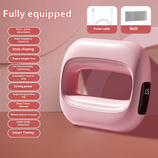 Pink mini fitness massage gun with an LED screen, shown with a power cable and a gray waist belt. - Image 2