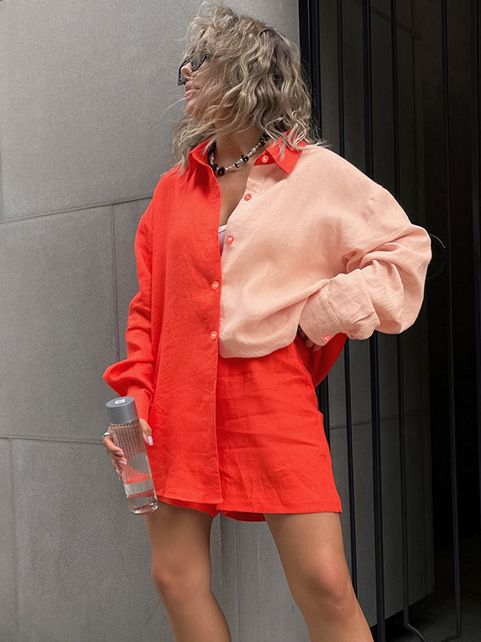 Conjunto de Blusa y Short Casual de Contraste en Manga Larga para Mujer - Image 2