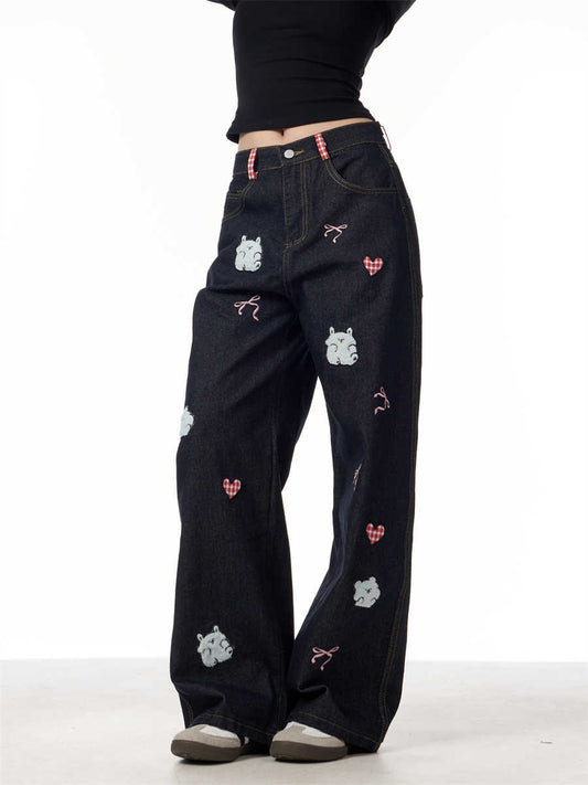 Pantalones Rectos Vintage con Bordado de Cordero para Mujer - Image 2