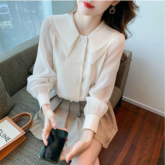 Blusa Larga de Gasa con Cuello Muñeca y Mangas Farol para Mujer - Image 2
