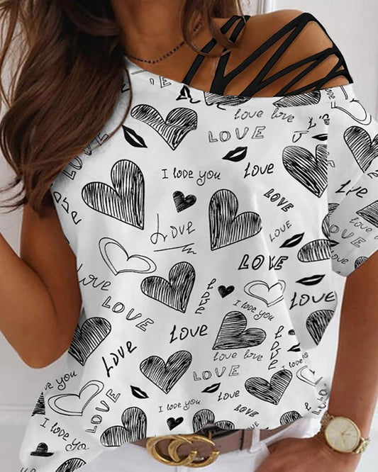 Camiseta Manga Corta Cuello Redondo Estampado Love Hombro Descubierto Mujer - Image 2