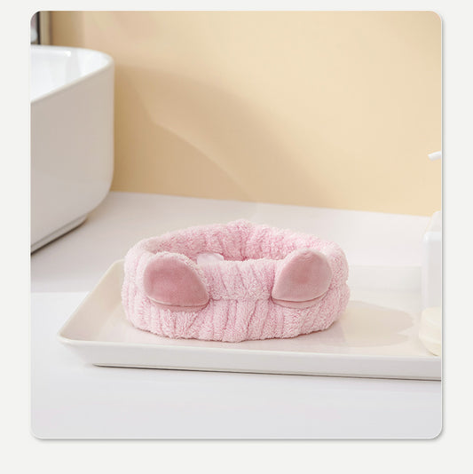 Pink coral fleece bath towel set with cartoon animal faces, including a hooded dry hair cap, a bath skirt, and a headband. - Image 2