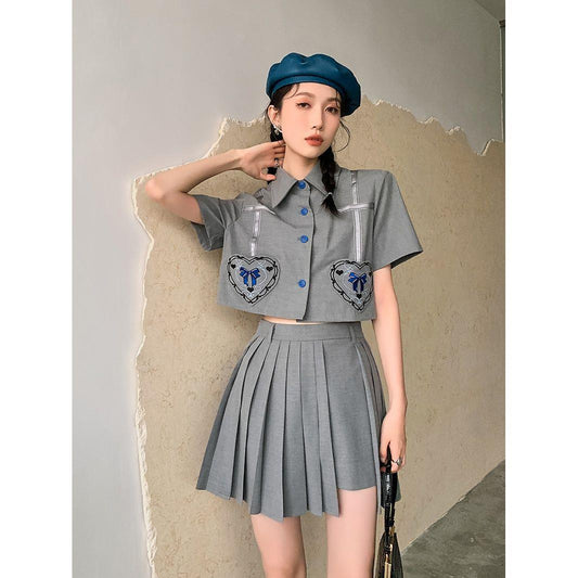 Conjunto Elegante: Blusa Tipo Lapela Manga Corta y Falda Plisada Cintura Alta - Image 2