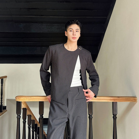 Traje Corto Casual Otoño a Rayas Cuello Redondo Bootcut - Image 2