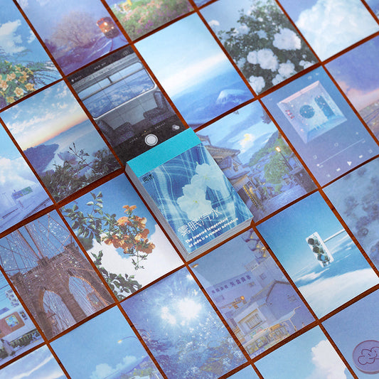 Set of 50 retro style decorative stickers featuring various purple and pink themed landscapes, skies, and abstract designs. - Image 2
