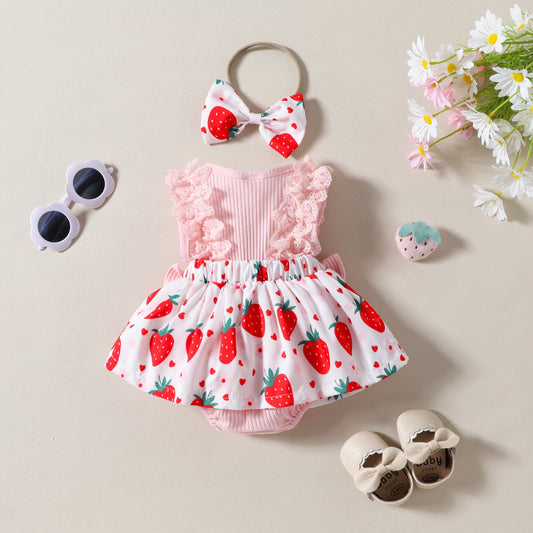 Enterizo Infantil Estampado Fresas con Moño sin Mangas para Verano - Image 2