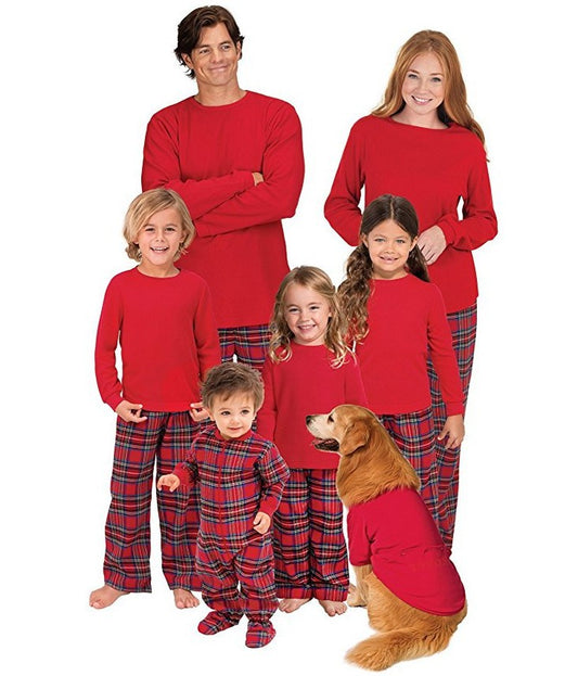 Man wearing a red long-sleeve pajama top and red plaid pajama pants, suitable for Christmas or holiday loungewear. - Image 2