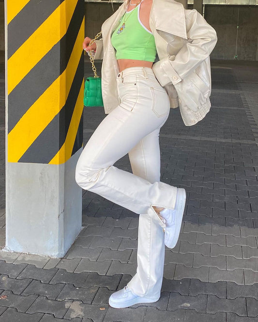 Pantalón Recto Cintura Alta con Cordones y Drapeado Elegante para Mujer - Image 2
