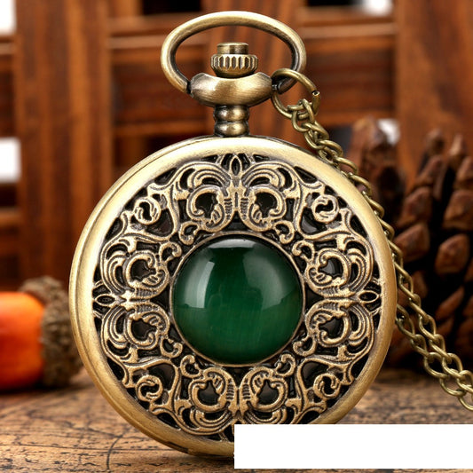 Reloj de Bolsillo Retro Tallado con Ojo de Gato Verde - Cuarzo Grande - Image 2