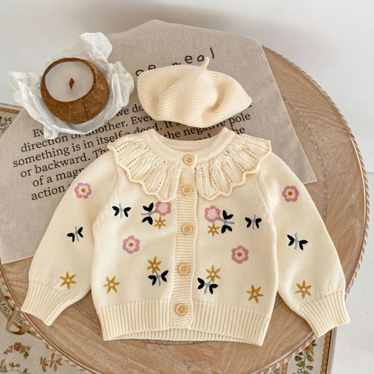 Cardigan Infantil de Punto con Cuello Bordado de Loto - Abrigo Cálido de Manga Larga - Image 2