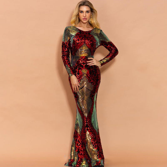 Vestido Maxi Escotado de Lentejuelas de Manga Larga - Image 2