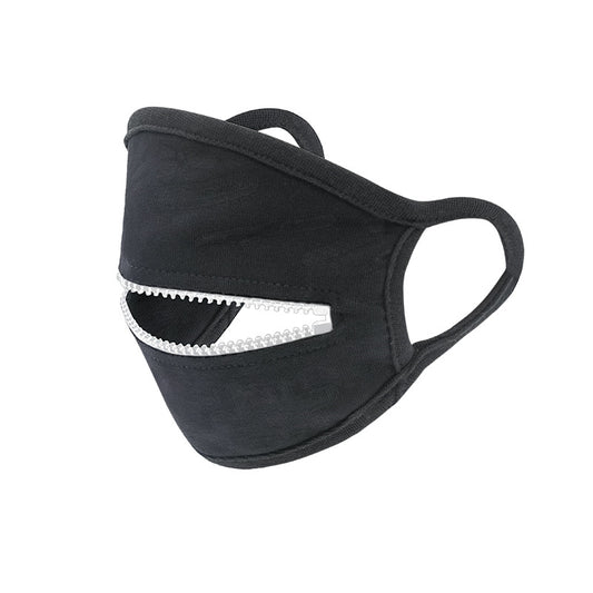 Black cotton face mask with ear loops and a horizontal zipper across the mouth area, partially open. - Image 2