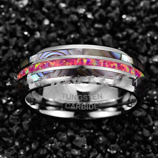 Anillo de Tungsteno con Concha de Abulón Magenta Profundo y Ópalo - Image 2